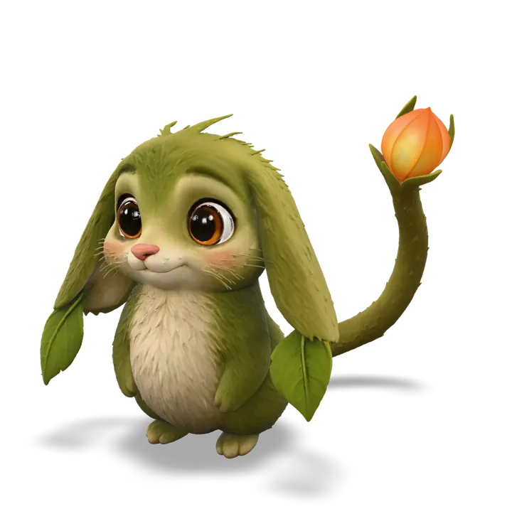 Mossbun, a small mossy rabbit character, as a 3D model