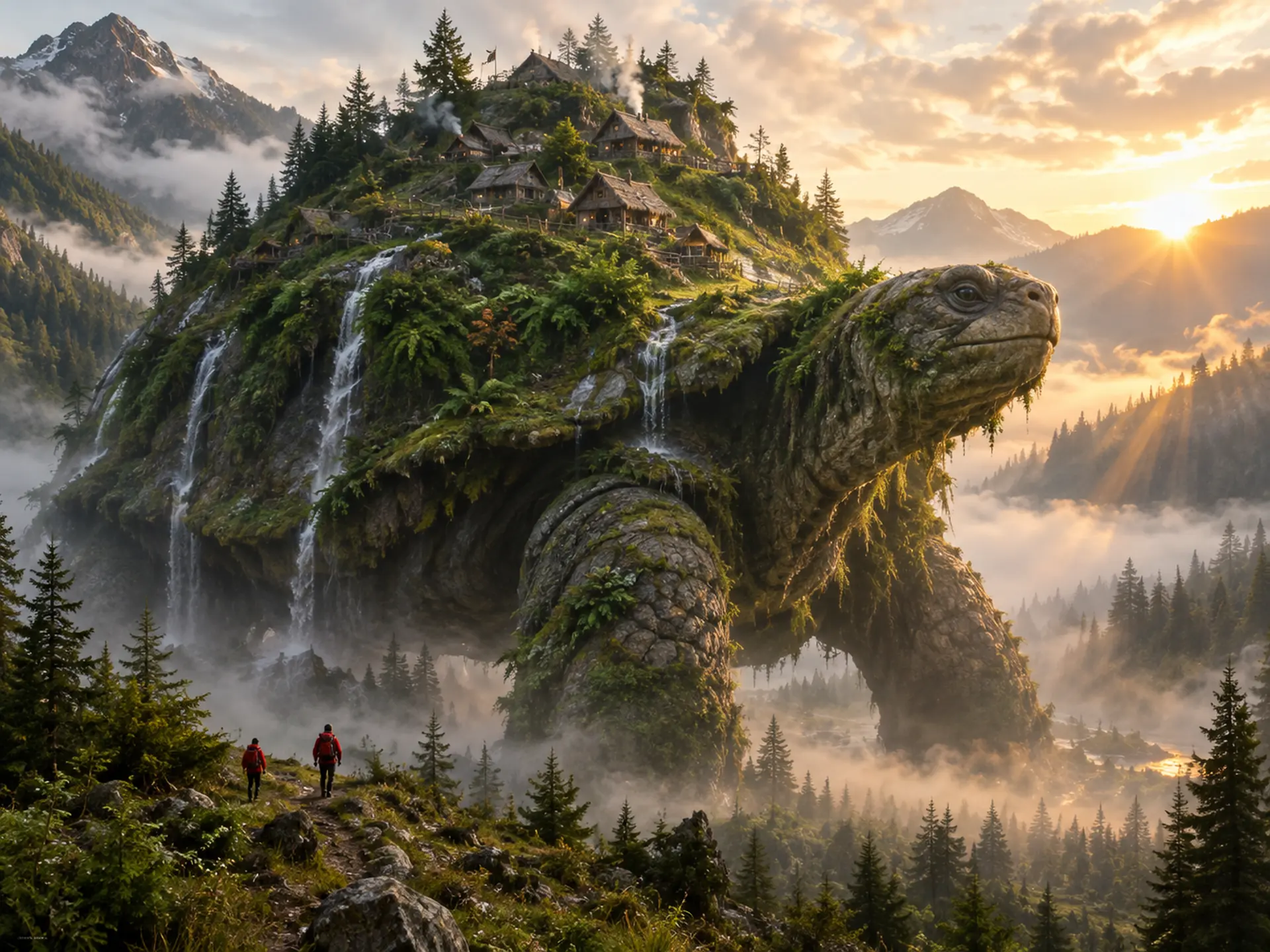 A colossal mossy tortoise walks through a misty pine valley at sunrise, a village of wooden huts on its back